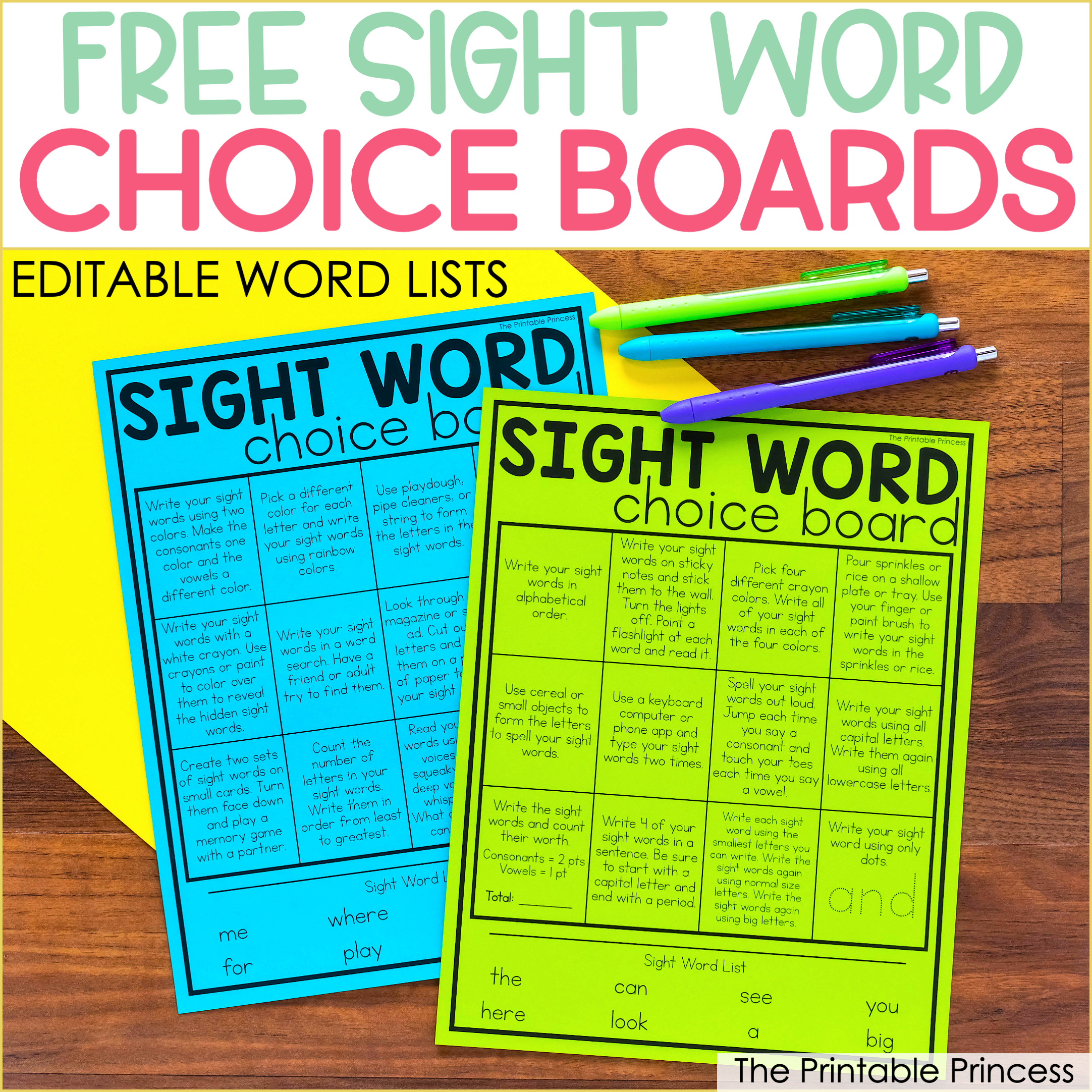 sight word choice board activities