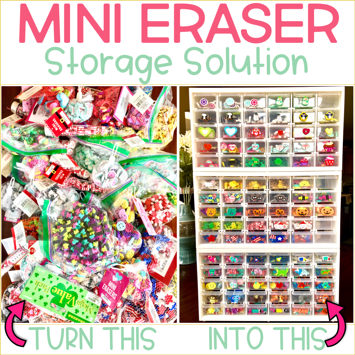 Mini erasers make classroom learning so much fun. Kids love them and so do teachers. But how do you store all of those mini erasers? Click through to read about a space saving organizational project that will have all of your mini erasers at your fingertips!