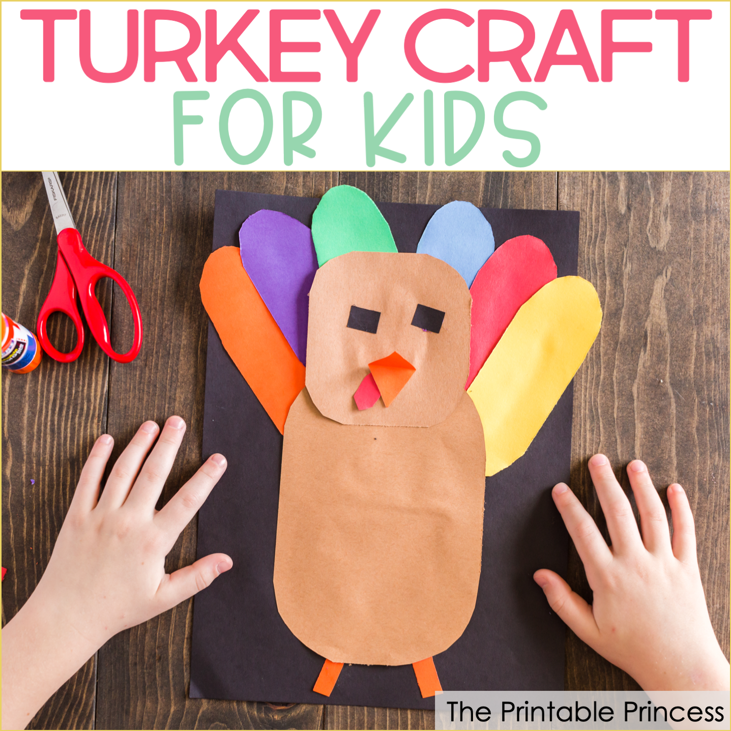 This DIY turkey craft for kids is super cute during the month of November! It is perfect for kindergarten and first grade students. Not only will students practice fine motor skills, but they will also practice listening and following directions as they complete this Thanksgiving craft There's no tracers needed for this turkey craft for kids. Students will round corners and cut straight lines to create a turkey - giving each piece of art its on unique look.